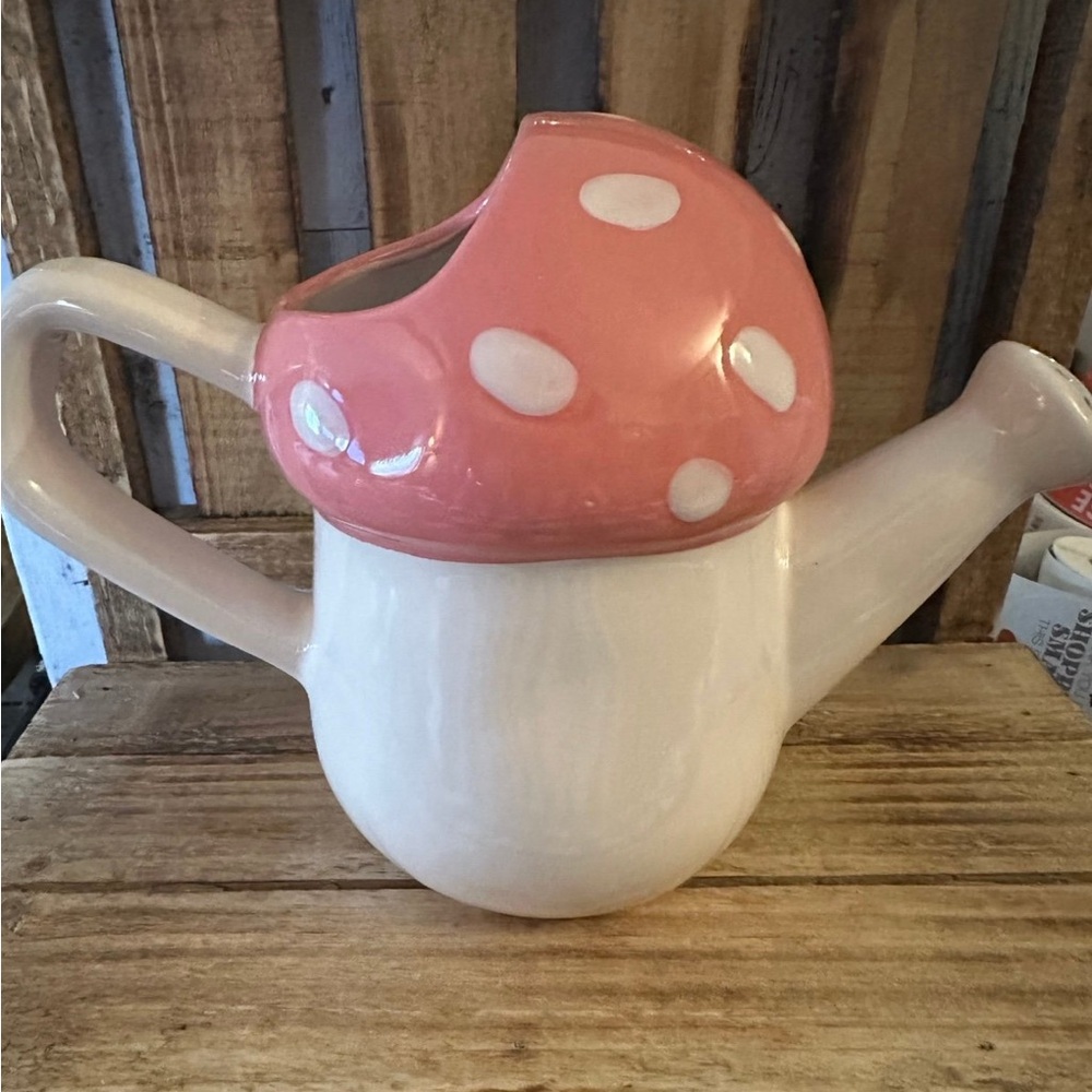 Rae Dunn “Grow Wild” Pink Mushroom Ceramic Watering Can Planter Spring Decor - Picture 4 of 5